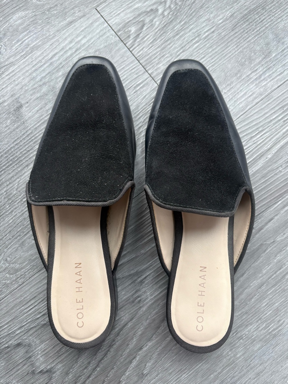 Cole Haan Piper Mules Size 7.5 Black Leather Suede Pointed Toe Women’s Slip-On